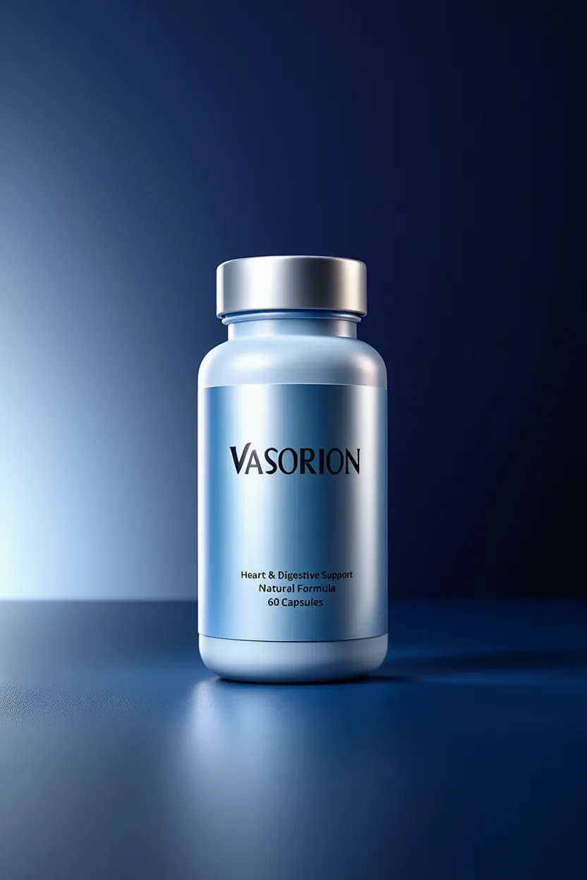 Vasorion dietary supplement bottle with natural ingredients for heart and digestive support